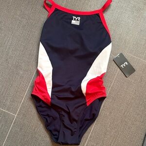 TYR Navy, White & Red Durafast Elite swimsuit size 32 NWT